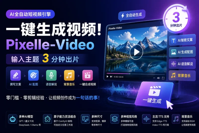 一键生成视频!AI全自动短视频引擎Pixelle-Video,输入主题3分钟出片-思思资源站