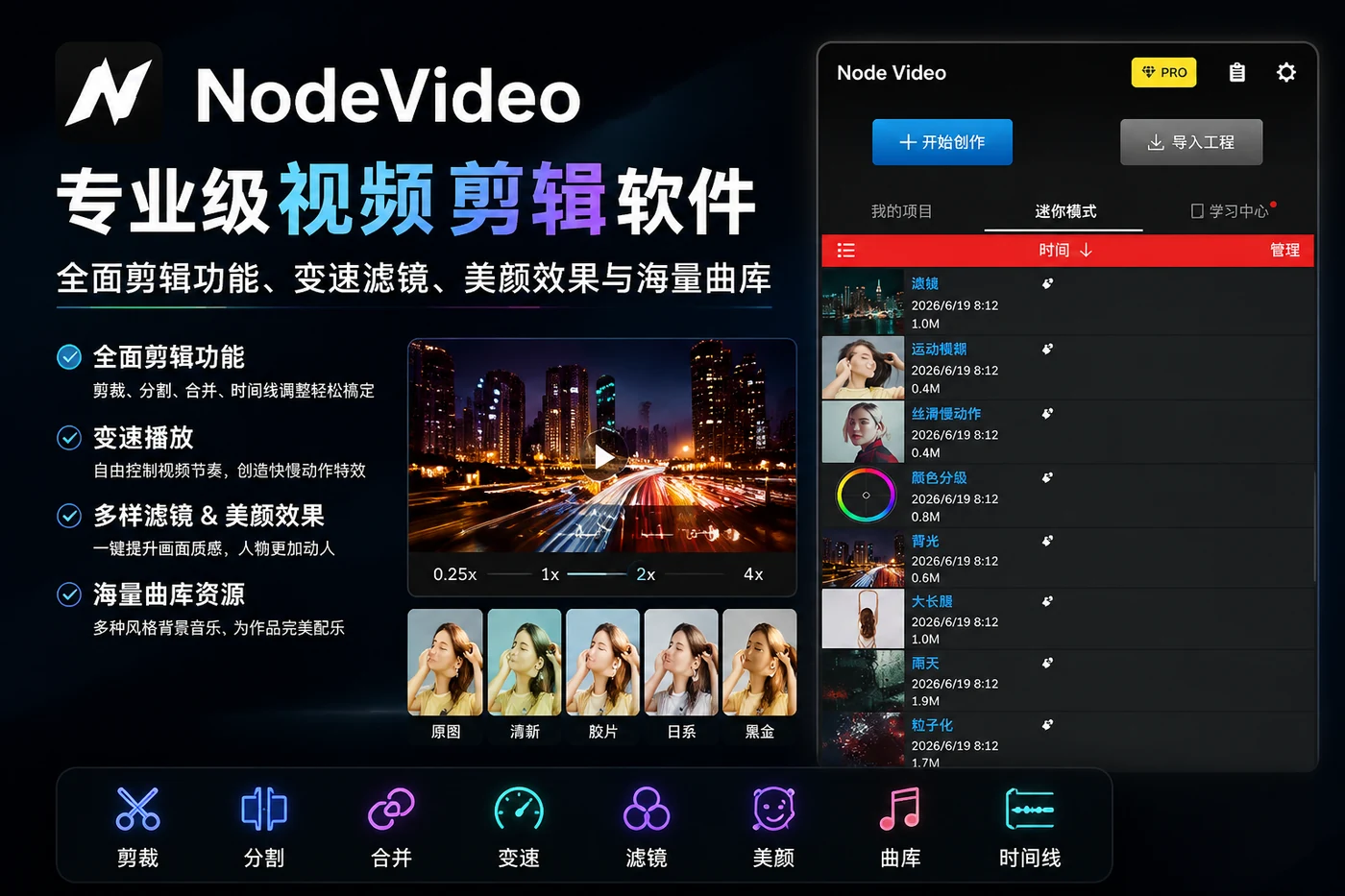 NodeVideo 专业级视频剪辑软件 – 全面剪辑功能、变速滤镜、美颜效果与海量曲库-思思资源站