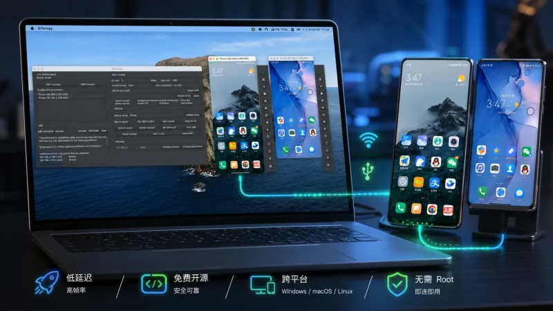 QTScrcpy免费开源工具：电脑控制安卓手机，低延迟高帧率无需root-思思资源站