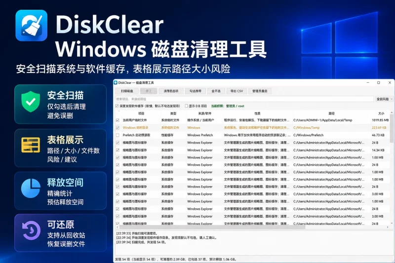 DiskClear | Windows 磁盘清理工具 – 安全扫描系统与软件缓存，表格展示路径大小风险-思思资源站