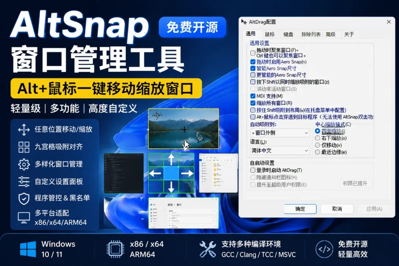AltSnap 免费开源窗口管理工具:轻量级窗口管理辅助增强工具,支持 Windows x86/x64/ARM64-思思资源站