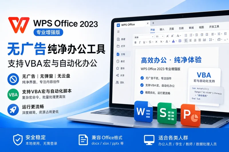 WPS Office 2023专业增强版:无广告纯净办公工具,支持VBA宏与自动化办公-思思资源站
