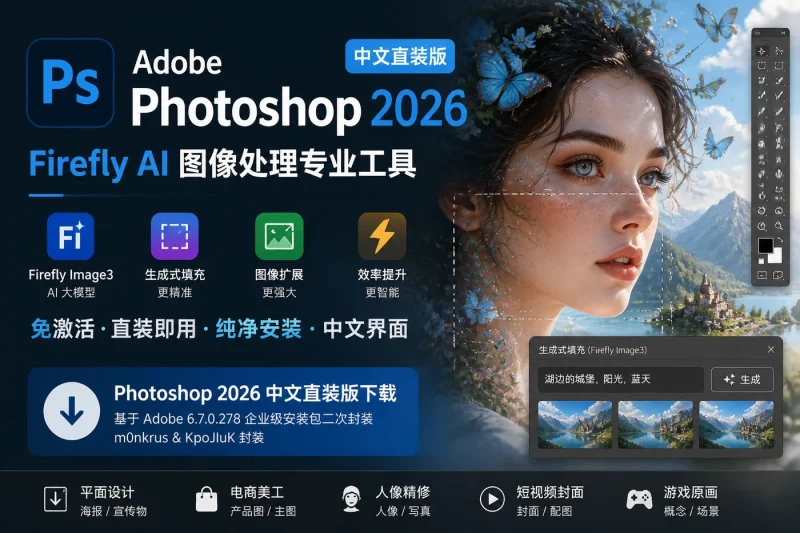Adobe Photoshop 2026 中文直装版下载:Firefly AI 图像处理专业工具指南-思思资源站