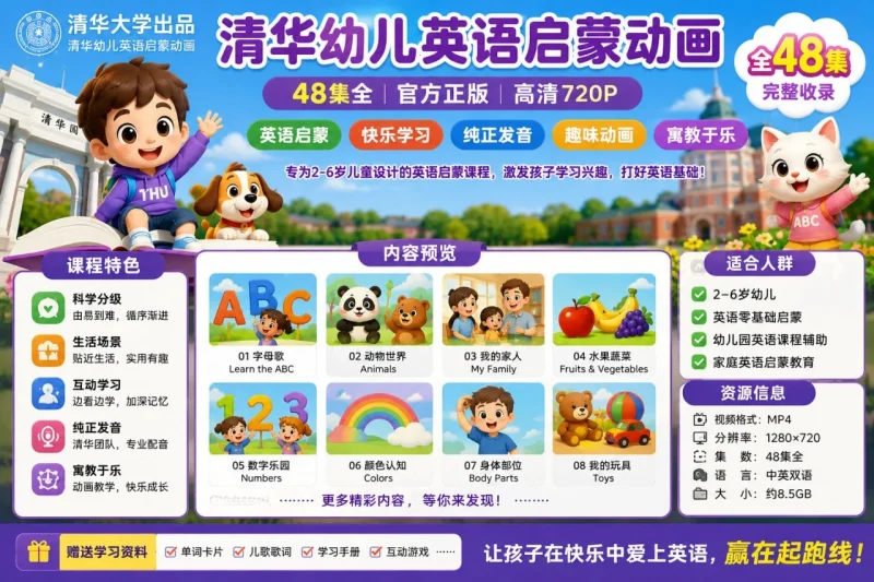 清华幼儿英语启蒙动画48集:适合0-6岁宝宝的英语听说与认知启蒙动画-思思资源站