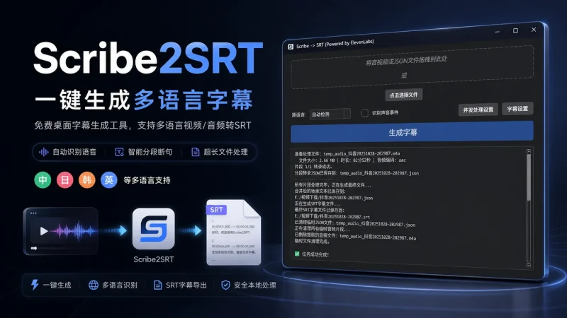Scribe2SRT:免费桌面字幕生成工具,支持多语言视频音频转SRT字幕文件-思思资源站