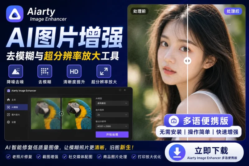 Aiarty Image Enhancer 多语便携版:AI图片增强、去模糊与超分辨率放大工具-思思资源站