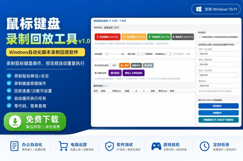 鼠标键盘录制回放工具v1.0:Windows自动化脚本录制回放软件免费下载-思思资源站