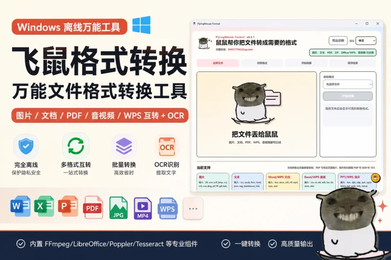 飞鼠格式转换:Windows离线万能文件格式转换工具(支持图片/文档/PDF/音视频互转+OCR)-思思资源站