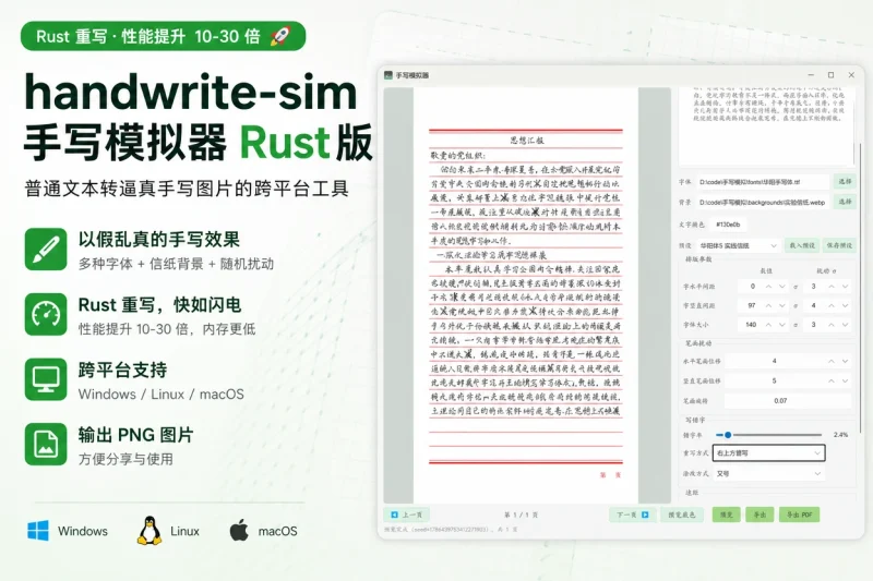 handwrite-sim 手写模拟器 Rust 版:普通文本转逼真手写图片的跨平台工具-思思资源站
