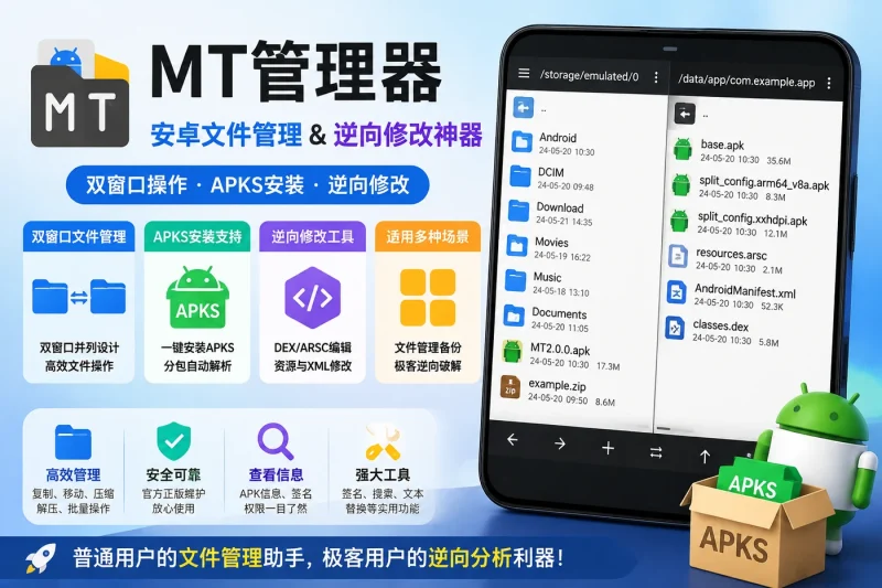 MT管理器安卓文件管理工具：双窗口操作与APKS安装及逆向修改功能详解-思思资源站