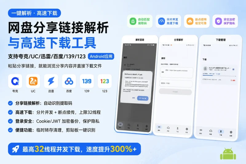 网盘分享链接解析与高速下载工具：支持夸克/UC/迅雷/百度/139/123的Android应用-思思资源站