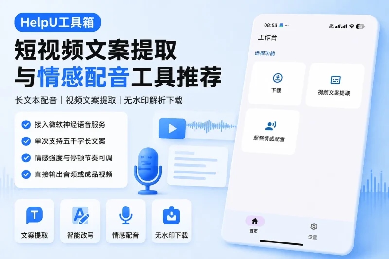短视频文案提取与情感配音工具推荐：HelpU工具箱满足长文本配音与视频素材解析需求-思思资源站