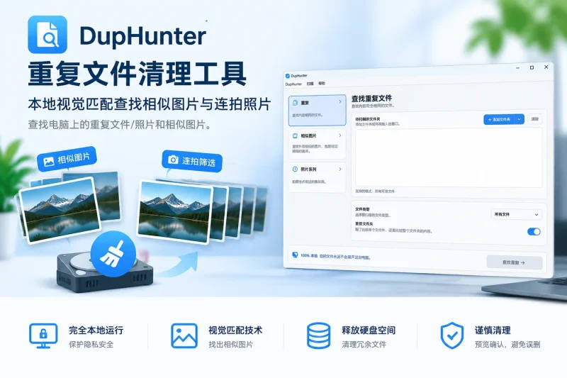 DupHunter重复文件清理工具：本地视觉匹配查找相似图片与连拍照片-思思资源站