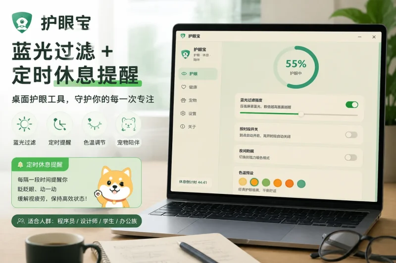 护眼宝：蓝光过滤与定时休息提醒的桌面护眼工具，适合程序员、设计师和学生-思思资源站