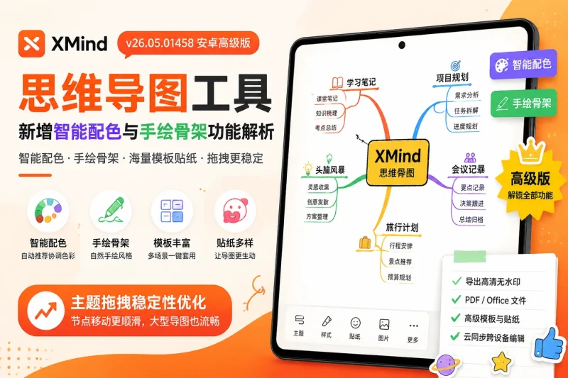 XMind v26.05.01458 安卓高级版：思维导图工具新增智能配色与手绘骨架功能解析-思思资源站