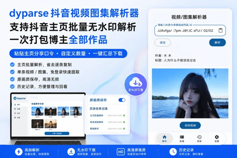 dyparse抖音视频图集解析器：支持抖音主页批量无水印解析，一次打包博主全部作品-思思资源站