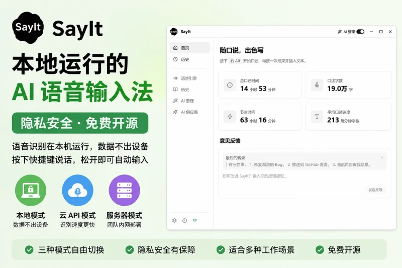 SayIt – 本地运行的 AI 语音输入法,隐私安全免费开源-思思资源站
