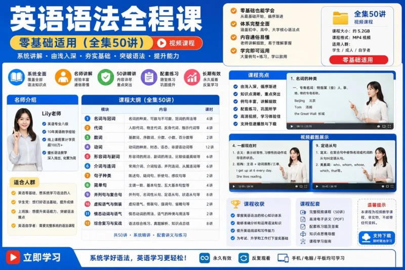零基础英语语法全程课50讲:从入门到精通系统学习英语语法-思思资源站